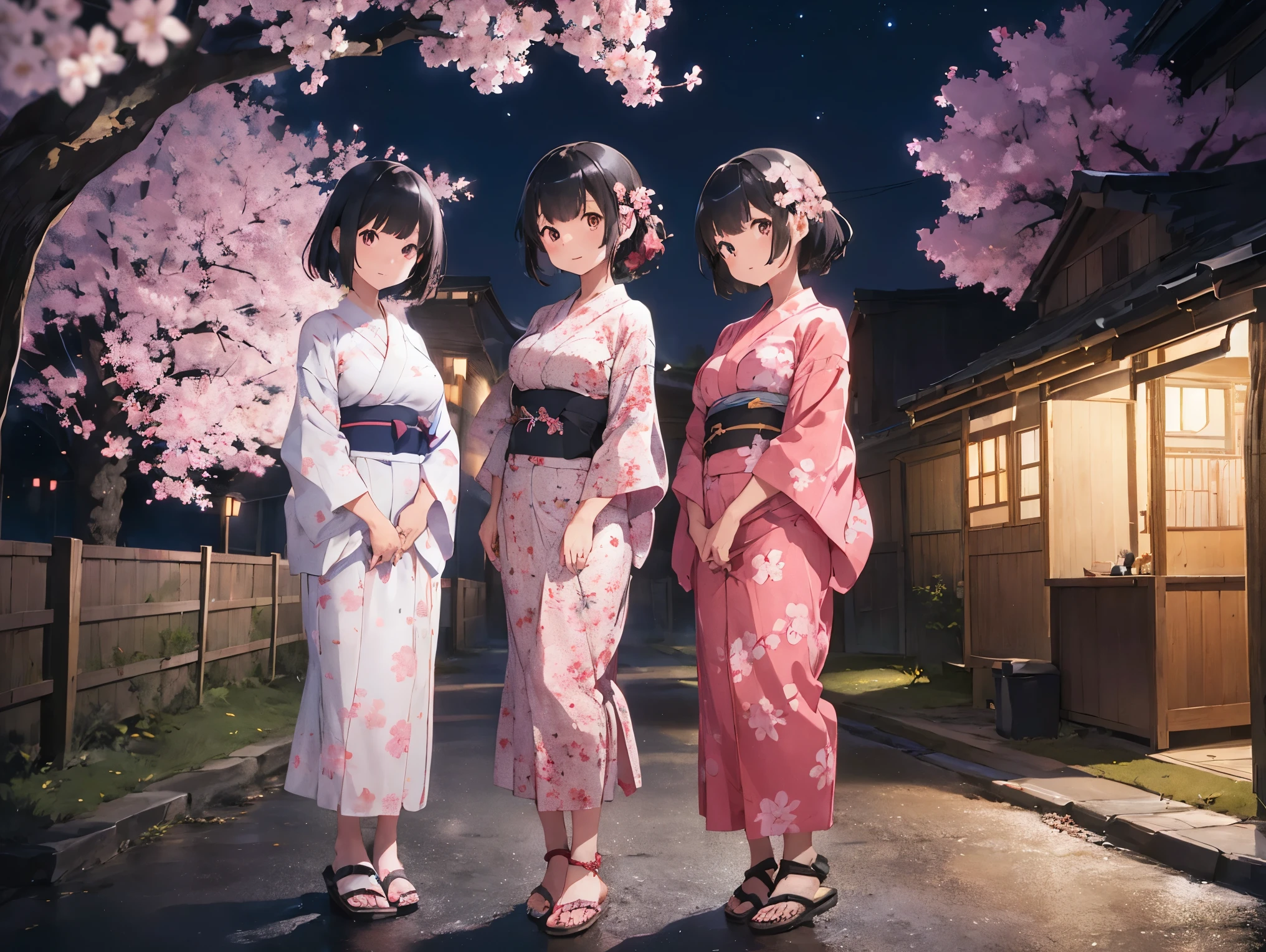 Girl with black hair shortcut、Big Breasts、Cherry blossom yukata、Pink Yukata、Sandals for bare feet、Night view、Standing posture、Sisters separated by years、Kindergartener&#39;s sister、Older sister who is a working adult、Hold hands、校庭とNight viewと星空