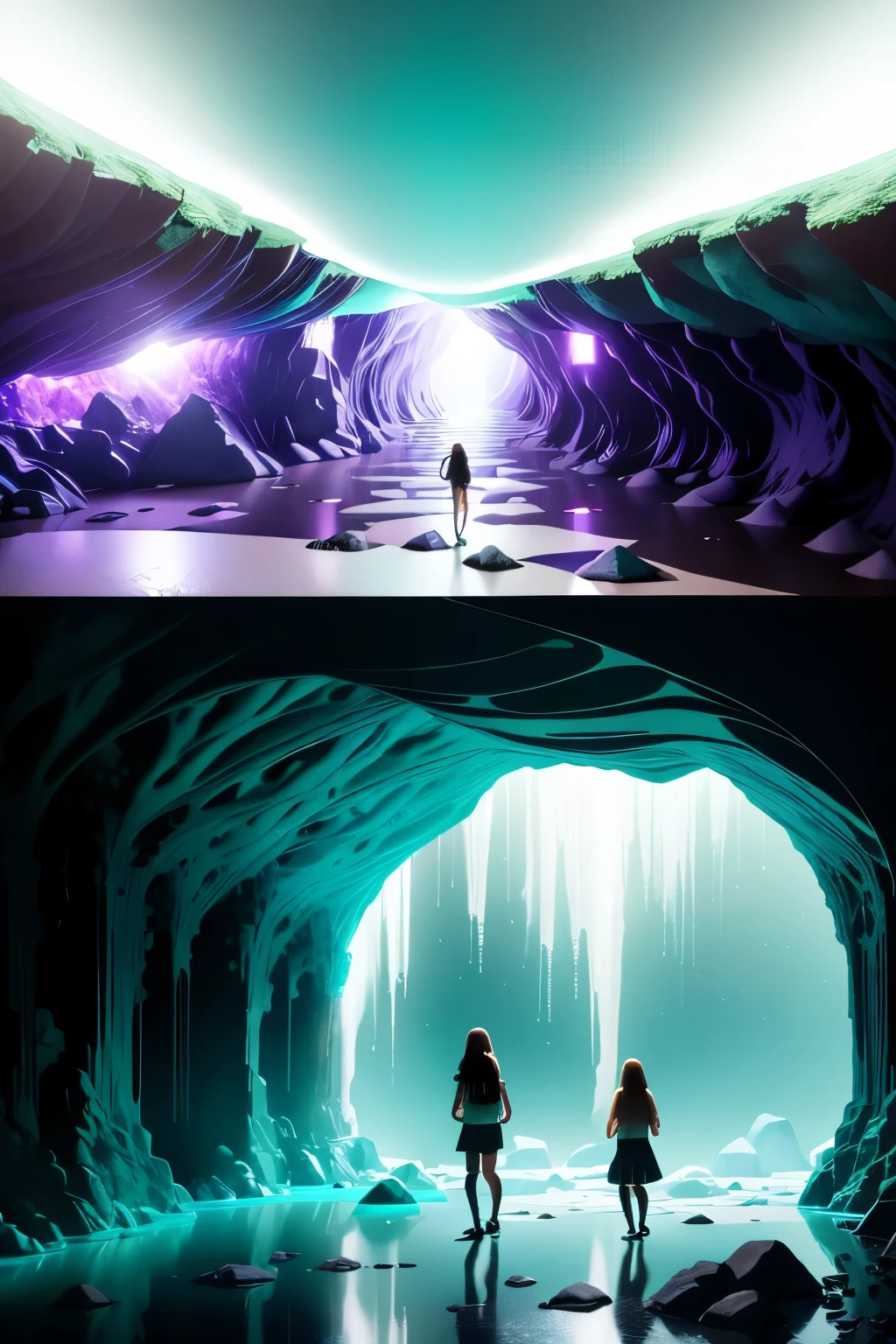 Three girls walk inside an underground cave filled with glowing crystals that emit a soft, ethereal light. The walls are covered in moss and stalactites, creating an otherworldly atmosphere. The terrain is rocky and wet, with lakes that reflect the light of the crystals."