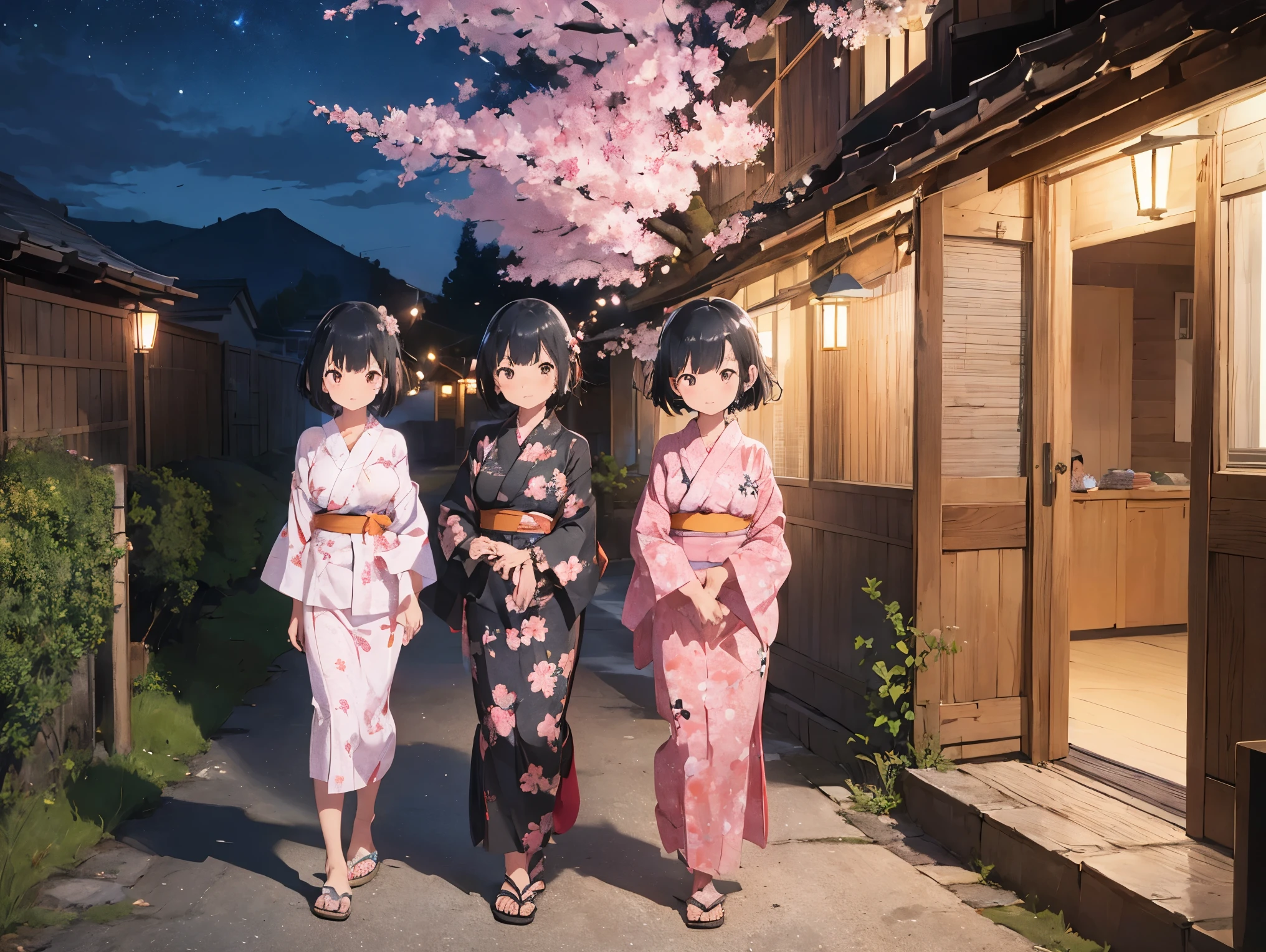 Girl with black hair shortcut、Big Breasts、Cherry blossom yukata、Pink Yukata、Sandals for bare feet、Night view、Standing posture、Sisters separated by years、ergartener&#39;s sister、Older sister who is a working adult、Hold hands、校庭とNight viewと星空