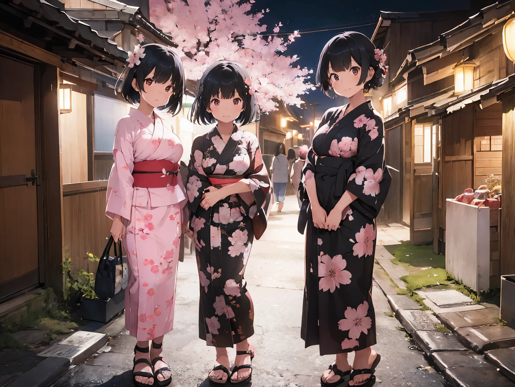 Girl with black hair shortcut、Big Breasts、Cherry blossom yukata、Pink Yukata、Sandals for bare feet、Night view、Standing posture、Sisters separated by years、Kindergartener&#39;s sister、Older sister who is a working adult、Hold hands、校庭とNight viewと星空