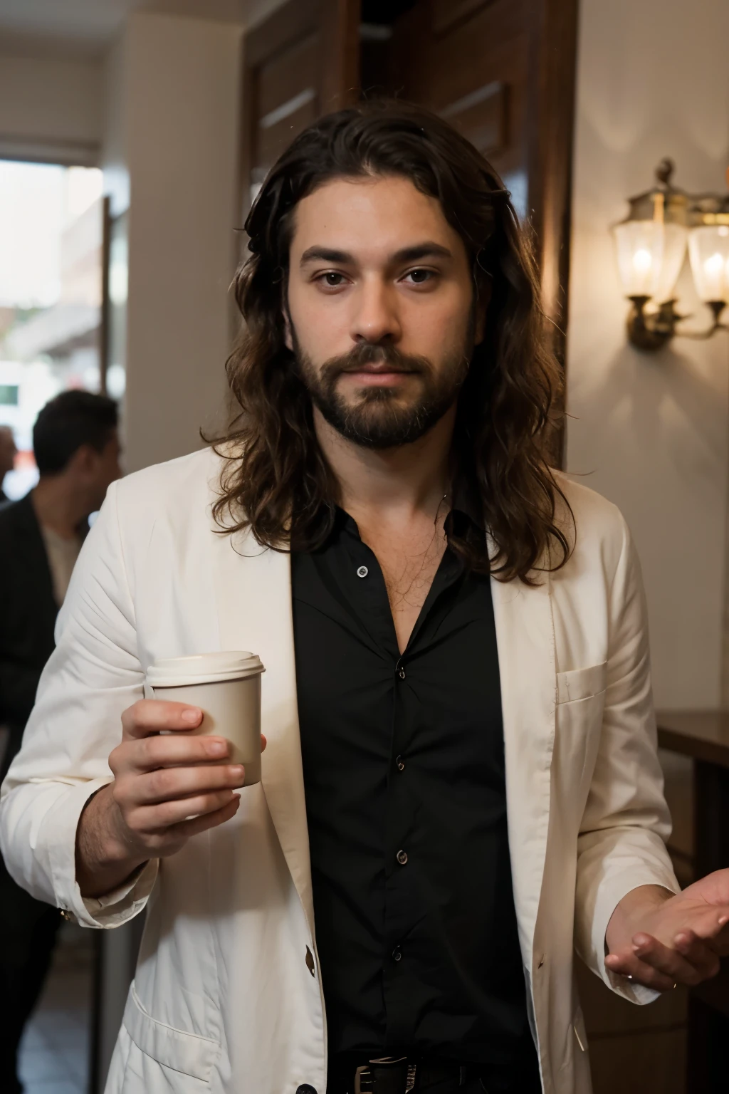 ((mejor calidad)) a philosopher with wavy hair and beard leaving a restaurant without paying because he is the governor of the region. un mesero se arrodilla a su izquierda