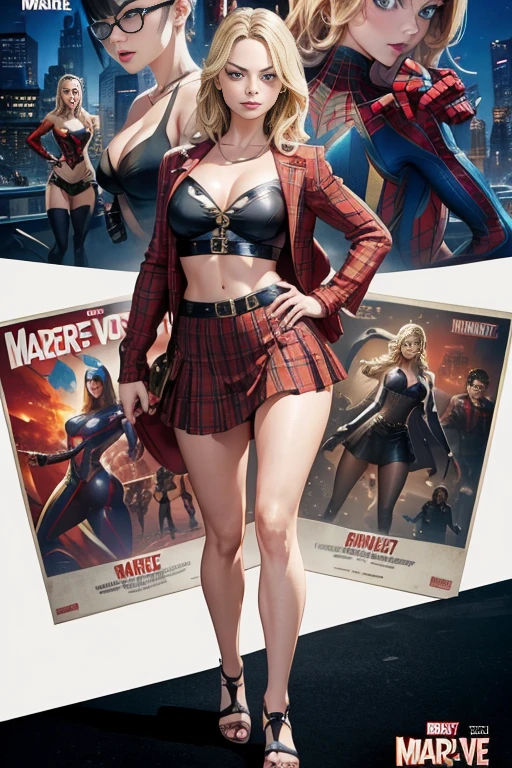 Margot Robbie、Marvel Comics Movie Poster, Very beautiful, Movies about Spiderman, sexy, whole body, I'm wearing a skirt、Premiere date, Poster、belly buttonを突き出す、new york、She&#39;s wearing a torn Spider-Man suit,The suit is torn、Wearing a skirt、 Red and black color scheme,dynamic、masterpiece、highest quality、Ultra-detailed、Very detailed、A delicate and beautiful shine、超A high resolution、Cinematic,Break,Breakdrop,(Torn clothes:1.5), (Wet clothes:1.4), Bare shoulders,Real Rain,Wet Hair,belly button、Exposing Skin、Showing off her sexy shoulders
