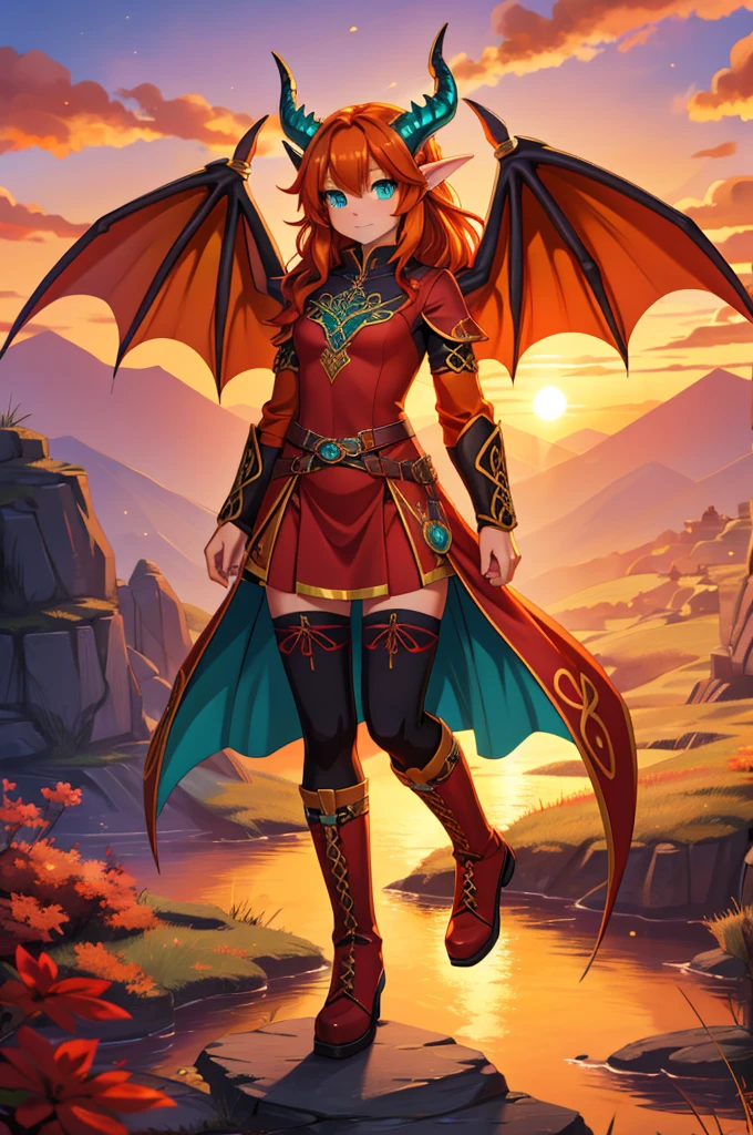 anime style art, fantasy style art, beautiful Celtic dragon girl, European girl, long wavy bright orange hair, teal eyes, realistic and sparkling teal eyes looking at viewer, shapely body, skinny body, healthy body, purple and red warrior outfit, red clothes, 2 red dress coattails hanging down her sides, short red skirt flap hanging down in the front, yellow tights, bright yellow leggings, high brown leather boots, long draping red sleeves, 2 large orange dragon wings, orange dragon horns, on a hillside, sunset, high quality digital art, 2k, professional illustration