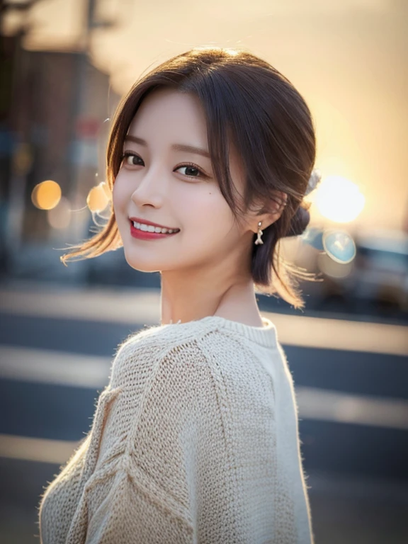 masterpiece, highest quality, High resolution,alone,Two-tone hair, Small earrings,Artistic,Best lighting,casual,Flat Chest,Beautiful Face,expensive,smile,light makeup,natural,24-years-old,Calm woman,Hair blowing in the wind,Blurred Background,Face Focus,Detailed Hair,A woman laughing,A woman wearing a navy knit,Cafe,Woman with her hair tied up,Forehead,short hair