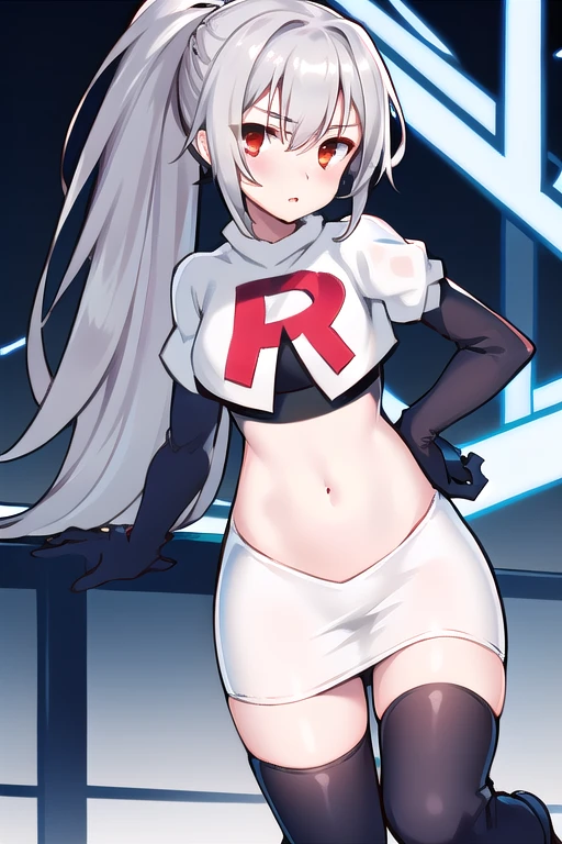 1girl, tina, best quality, long ponytail, silver hair, red eyes, highly detailed, team rocket,team rocket uniform,white skirt,red letter R,crop top,black thigh-highs,black elbow gloves