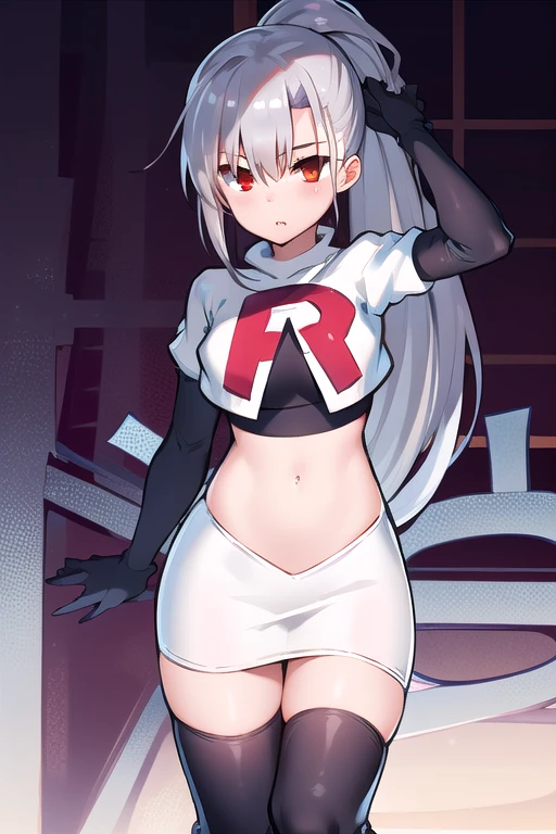 1girl, tina, best quality, long ponytail, silver hair, red eyes, highly detailed, team rocket,team rocket uniform,white skirt,red letter R,crop top,black thigh-highs,black elbow gloves
