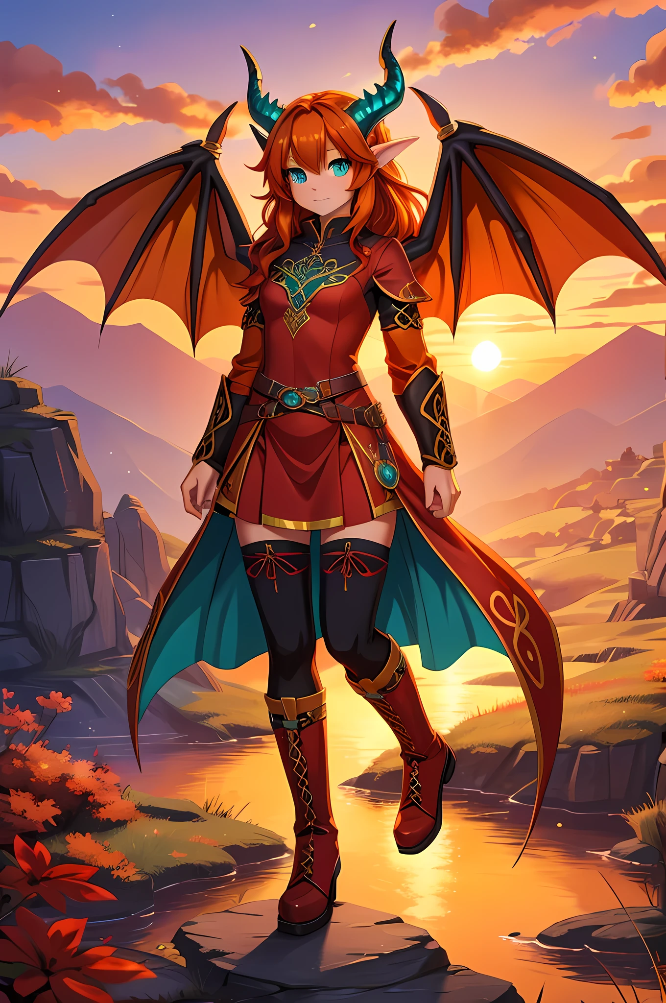 anime style art, fantasy style art, beautiful Celtic dragon girl, European girl, long wavy bright orange hair, teal eyes, realistic and sparkling teal eyes looking at viewer, shapely body, skinny body, healthy body, purple and red warrior outfit, red clothes, 2 red dress coattails hanging down her sides, short red skirt flap hanging down in the front, yellow tights, bright yellow leggings, high brown leather boots, long draping red sleeves, 2 large orange dragon wings, orange dragon horns, on a hillside, sunset, high quality digital art, 2k, professional illustration
