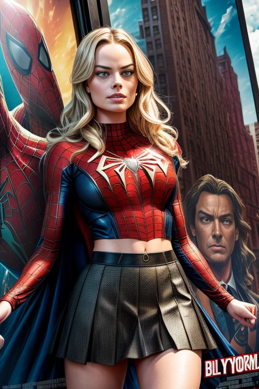 Margot Robbie、Marvel Comics Movie Poster, Very beautiful, Movies about Spiderman, sexy, whole body, I'm wearing a skirt、Premiere date, Poster、belly buttonを突き出す、new york、She&#39;s wearing a torn Spider-Man suit,The suit is torn、Wearing a skirt、 Red and black color scheme,dynamic、masterpiece、highest quality、Ultra-detailed、Very detailed、A delicate and beautiful shine、超A high resolution、Cinematic,Break,Breakdrop,(Torn clothes:1.5), (Wet clothes:1.4), Bare shoulders,Real Rain,Wet Hair,belly button、Exposing Skin、Showing off her sexy shoulders