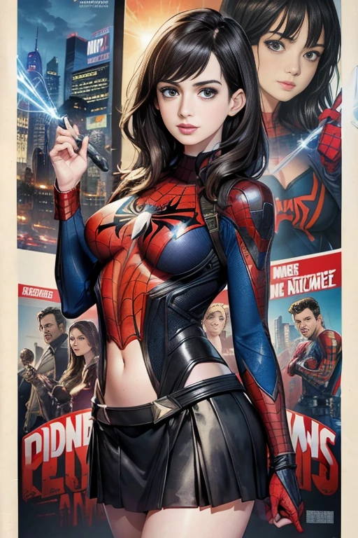 Anne Hathaway、Marvel Comics Movie Poster, Very beautiful, Movies about Spiderman, sexy, whole body, I'm wearing a skirt、Premiere date, Poster、belly buttonを突き出す、new york、She's wearing a torn Spider-Man suit,The suit is torn、Wearing a skirt、 Red and black color scheme,dynamic、masterpiece、highest quality、Ultra-detailed、Very detailed、A delicate and beautiful shine、超A high resolution、Cinematic,Break,Breakdrop,(Torn clothes:1.5), (Wet clothes:1.4), Bare shoulders,Real Rain,Wet Hair,belly button、Exposing Skin、Showing off her sexy shoulders