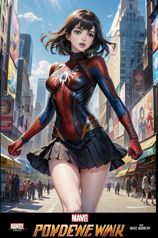 Miranda Kerr、マーベルコミックの映画Poster、so beautiful、Movies about Spider-Man、sexy、whole body、Wearing a skirt、Premiere Date、Poster、belly buttonを突き出す、new york、She&#39;s wearing a ripped Spiderman suit、The suit is torn、Wearing a skirt、Red and black color scheme、dynamic、masterpiece、highest quality、Super detailed、Very detailed、Delicate and beautiful shine、Ultra-high resolution、Cinematic、break、breakドロップ、(Torn clothes:1.5)、(Wet clothes:1.4)、Bare shoulders、Real Rain、Wet Hair、belly button、Exposed Skin、sexyな肩を披露