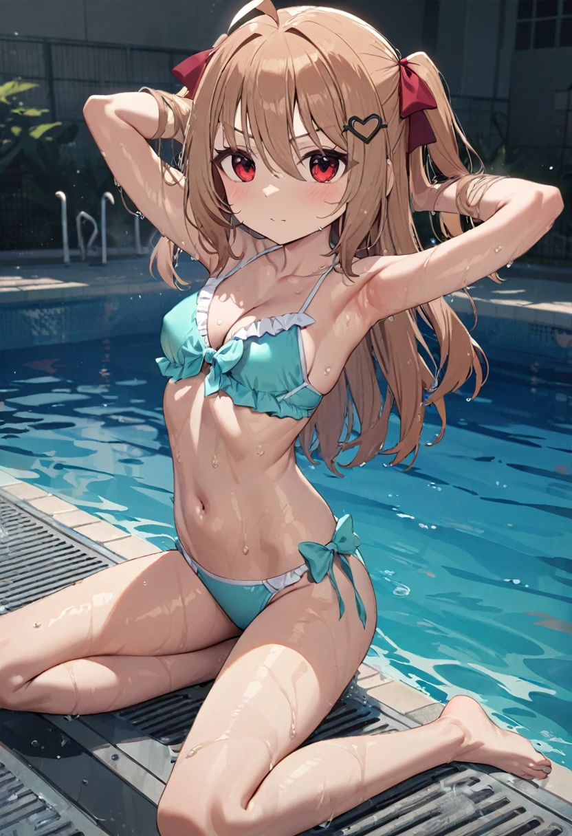 1girl, evil neuro-sama, (yuzu modoki), red eyes, light brown hair, ahoge, two side up, hair ribbon, dark red ribbon, heart hair ornament, swimsuit, bikini, (masterpiece, best quality), highly detailed, finely detailed, wet, steam, looking at viewer, covered nipples, cleavage, collarbone, pool, armpits, arms behind head, bare legs, barefoot, bare shoulder, 