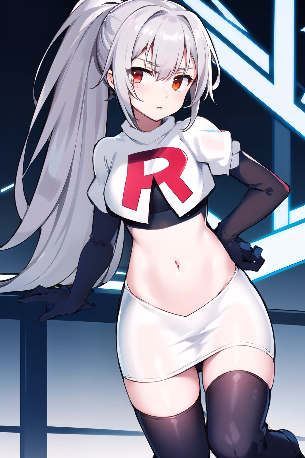 1girl, tina, best quality, long ponytail, silver hair, red eyes, highly detailed, team rocket,team rocket uniform,white skirt,red letter R,crop top,black thigh-highs,black elbow gloves