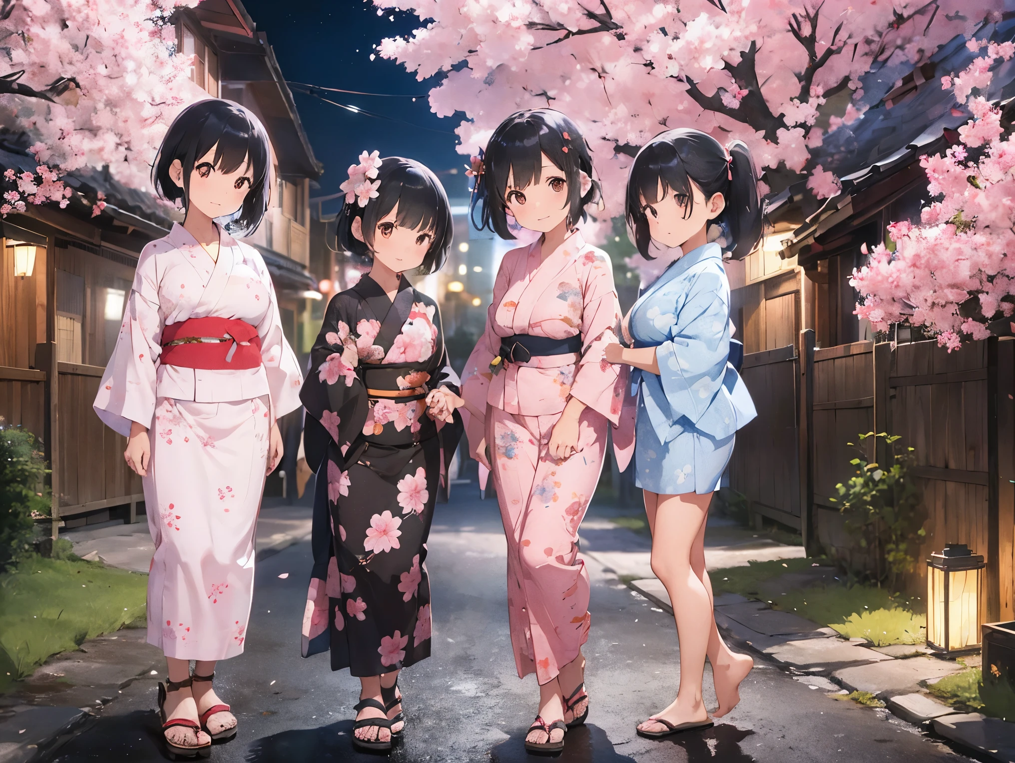 Girl with black hair shortcut、Big Breasts、Cherry blossom yukata、Pink Yukata、Sandals for bare feet、Night view、Standing posture、Sisters separated by years、Kindergartener&#39;s sister、Older sister who is a working adult、Hold hands、校庭とNight viewと星空