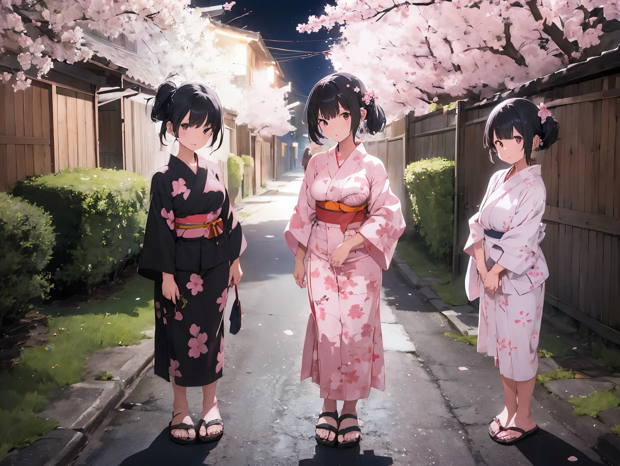 Girl with black hair shortcut、Big Breasts、Cherry blossom yukata、Pink Yukata、Sandals for bare feet、Night view、Standing posture、Sisters separated by years、Kindergartener&#39;s sister、Older sister who is a working adult、Hold hands、校庭とNight viewと星空