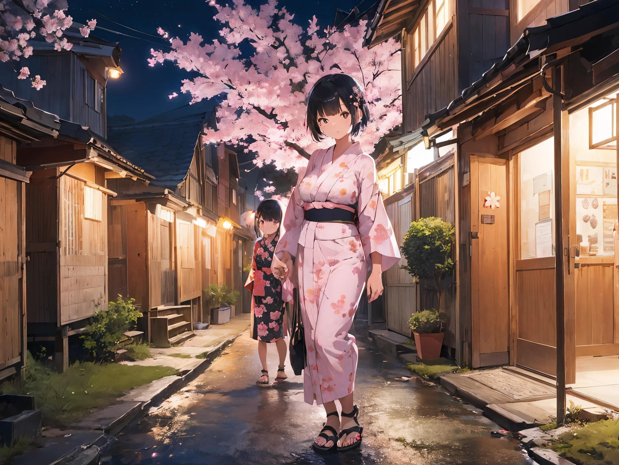 Girl with black hair shortcut、Big Breasts、Cherry blossom yukata、Pink Yukata、Sandals for bare feet、Night view、Standing posture、Sisters separated by years、Kindergartener&#39;s sister、Older sister who is a working adult、Hold hands、校庭とNight viewと星空