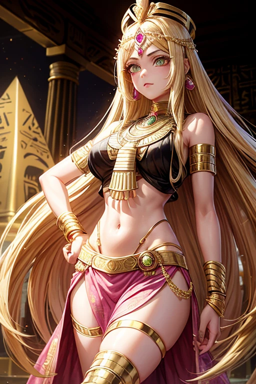 Egyptian Princess, honey lemon, 20 year old woman, long messy blonde hair, pink decorations, green eyes, pink and gold Egyptian clothing, dark gold vest with silver snake print, gold belt, dark pink pants, gold Egyptian symbol pendant Egyptian with amethyst gems, gold rings on both hands, slim build, bottom of an Egyptian pyramid,