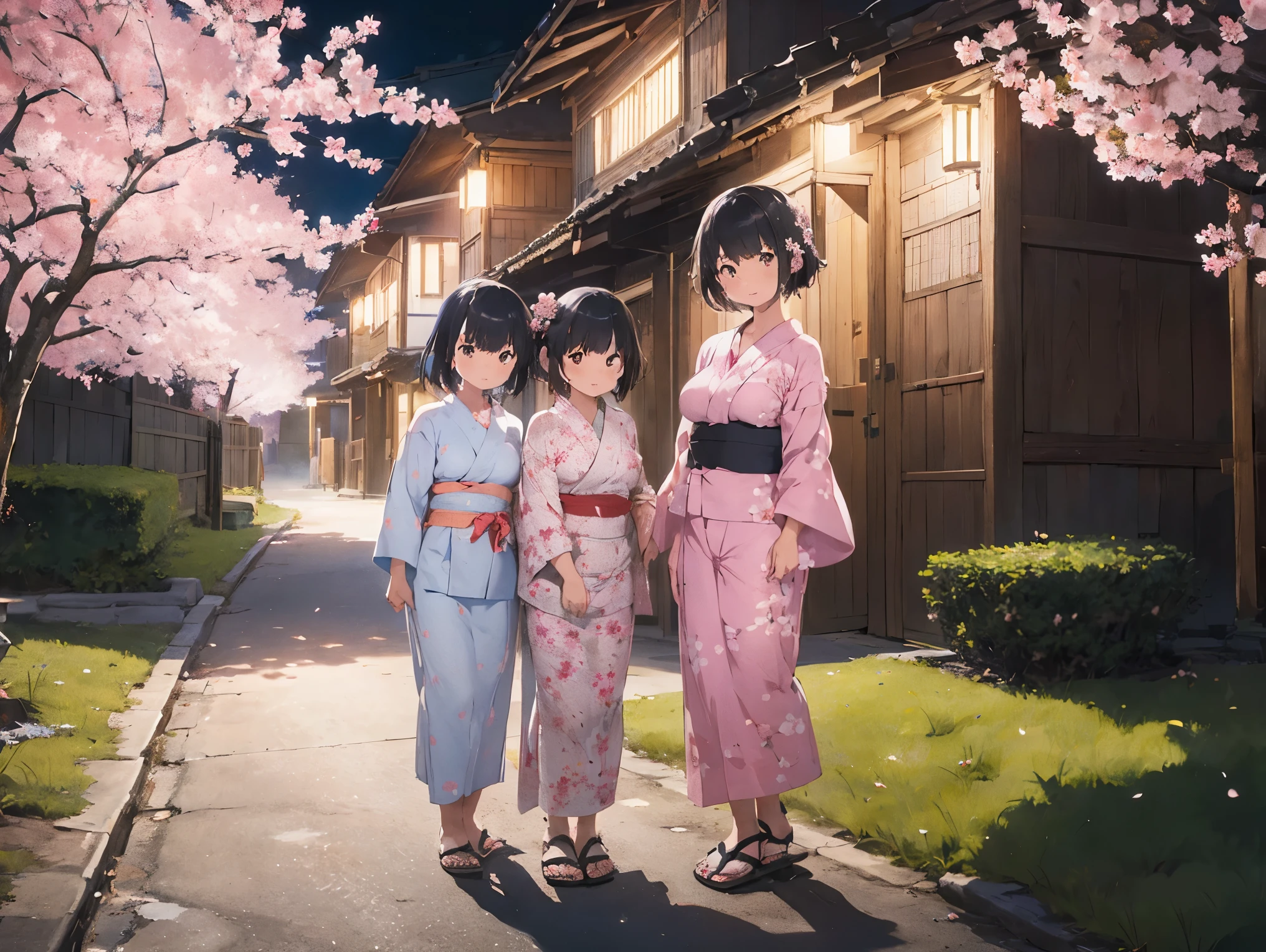 Girl with black hair shortcut、Big Breasts、Cherry blossom yukata、Pink Yukata、Sandals for bare feet、Night view、Standing posture、Sisters separated by years、Kindergartener&#39;s sister、Older sister who is a working adult、Hold hands、校庭とNight viewと星空