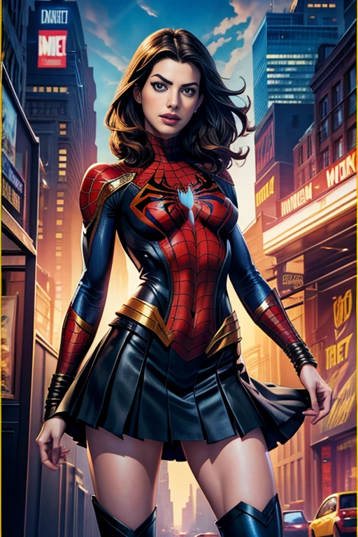 Anne Hathaway、Marvel Comics Movie Poster, Very beautiful, Movies about Spiderman, sexy, whole body, I'm wearing a skirt、Premiere date, Poster、belly buttonを突き出す、new york、She's wearing a torn Spider-Man suit,The suit is torn、Wearing a skirt、 Red and black color scheme,dynamic、masterpiece、highest quality、Ultra-detailed、Very detailed、A delicate and beautiful shine、超A high resolution、Cinematic,Break,Breakdrop,(Torn clothes:1.5), (Wet clothes:1.4), Bare shoulders,Real Rain,Wet Hair,belly button、Exposing Skin、Showing off her sexy shoulders