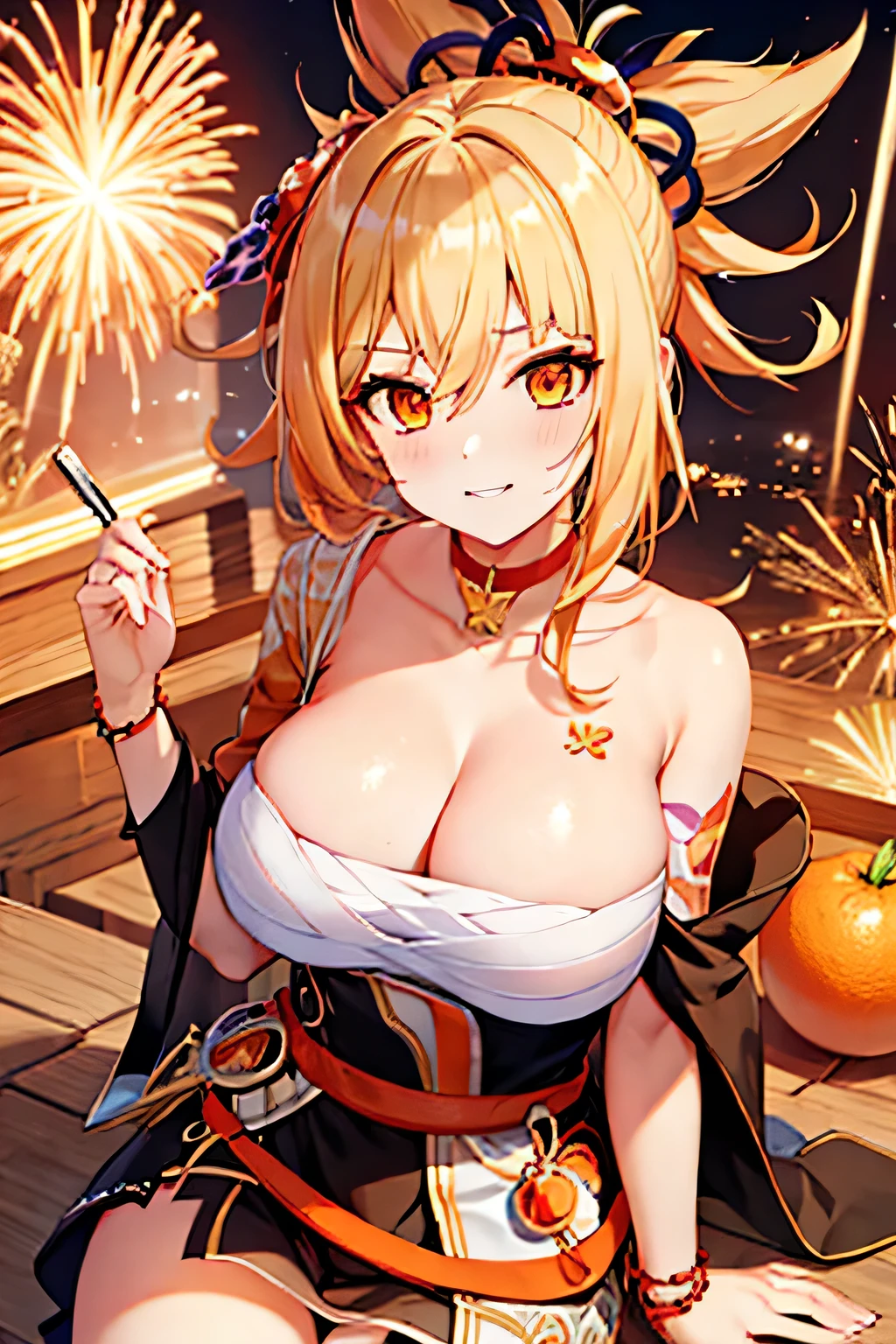 big breasts, blonde hair, orange eyes, genchin impact, yoimiya