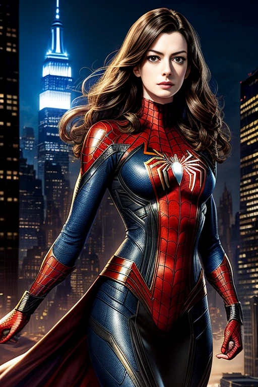 Anne Hathaway、Marvel Comics Movie Poster, Very beautiful, Movies about Spiderman, sexy, whole body, I'm wearing a skirt、Premiere date, Poster、belly buttonを突き出す、new york、She's wearing a torn Spider-Man suit,The suit is torn、Wearing a skirt、 Red and black color scheme,dynamic、masterpiece、highest quality、Ultra-detailed、Very detailed、A delicate and beautiful shine、超A high resolution、Cinematic,Break,Breakdrop,(Torn clothes:1.5), (Wet clothes:1.4), Bare shoulders,Real Rain,Wet Hair,belly button、Exposing Skin、Showing off her sexy shoulders
