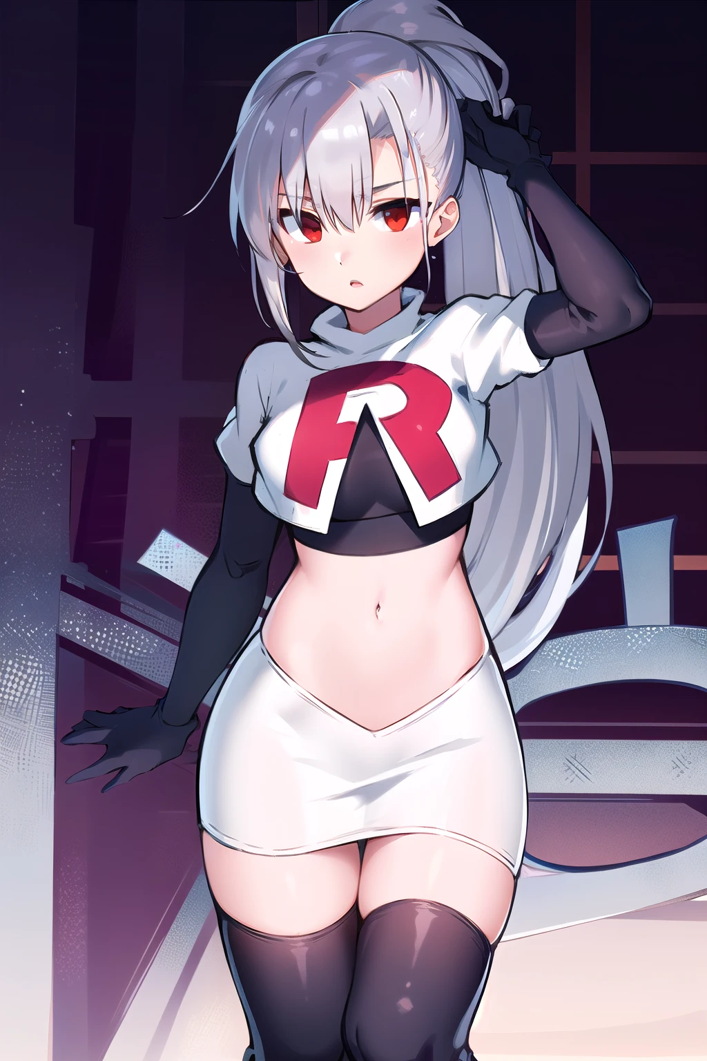 1girl, tina, best quality, long ponytail, silver hair, red eyes, highly detailed, team rocket,team rocket uniform,white skirt,red letter R,crop top,black thigh-highs,black elbow gloves