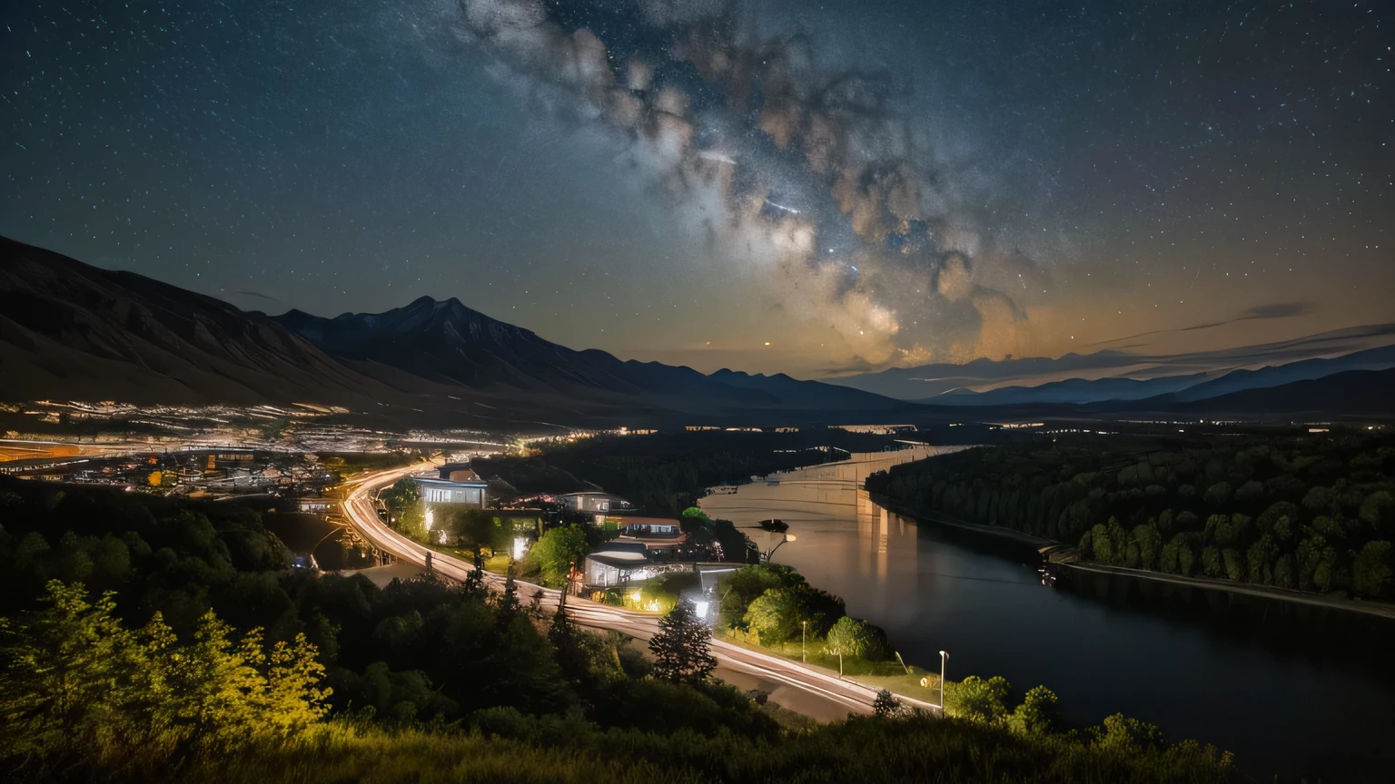 Very detailed, high quality, masterpiece, beautiful, night, (Dark Environment), Mountain々, water, wood, 
