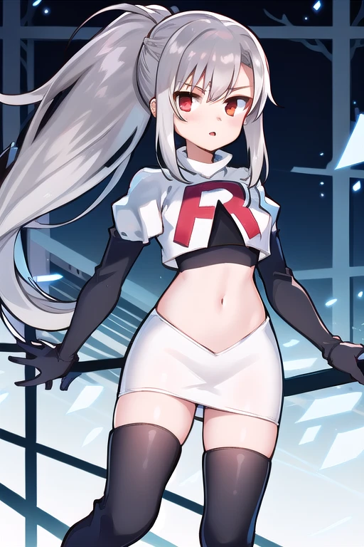 1girl, tina, best quality, long ponytail, silver hair, red eyes, highly detailed, team rocket,team rocket uniform,white skirt,red letter R,crop top,black thigh-highs,black elbow gloves