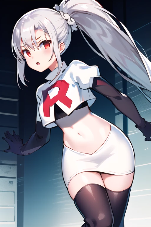 1girl, tina, best quality, long ponytail, silver hair, red eyes, highly detailed, team rocket,team rocket uniform,white skirt,red letter R,crop top,black thigh-highs,black elbow gloves