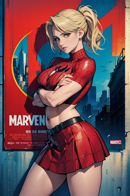 Dianna Agron、Marvel Comics Movie Poster, Very beautiful, Movies about Spiderman, sexy, whole body, I'm wearing a skirt、Premiere date, Poster、belly buttonを突き出す、new york、She&#39;s wearing a torn Spider-Man suit,The suit is torn、Wearing a skirt、 Red and black color scheme,dynamic、masterpiece、highest quality、Ultra-detailed、Very detailed、A delicate and beautiful shine、超A high resolution、Cinematic,Break,Breakdrop,(Torn clothes:1.5), (Wet clothes:1.4), Bare shoulders,Real Rain,Wet Hair,belly button、Exposing Skin、Showing off her sexy shoulders