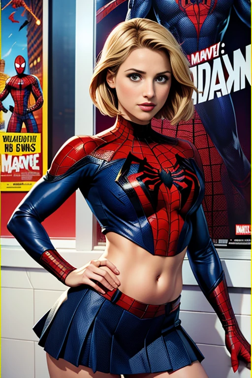 Dianna Agron、Marvel Comics Movie Poster, Very beautiful, Movies about Spiderman, sexy, whole body, I'm wearing a skirt、Premiere date, Poster、belly buttonを突き出す、new york、She's wearing a torn Spider-Man suit,The suit is torn、Wearing a skirt、 Red and black color scheme,dynamic、masterpiece、highest quality、Ultra-detailed、Very detailed、A delicate and beautiful shine、超A high resolution、Cinematic,Break,Breakdrop,(Torn clothes:1.5), (Wet clothes:1.4), Bare shoulders,Real Rain,Wet Hair,belly button、Exposing Skin、Showing off her sexy shoulders