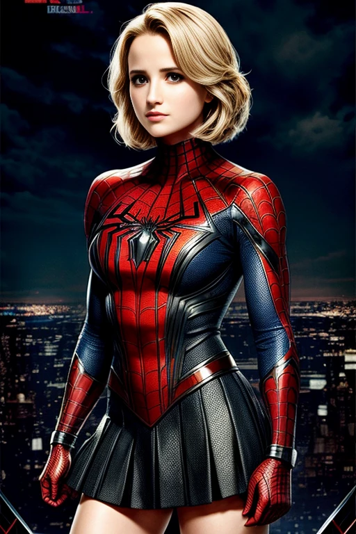 Dianna Agron、Marvel Comics Movie Poster, Very beautiful, Movies about Spiderman, sexy, whole body, I'm wearing a skirt、Premiere date, Poster、belly buttonを突き出す、new york、She's wearing a torn Spider-Man suit,The suit is torn、Wearing a skirt、 Red and black color scheme,dynamic、masterpiece、highest quality、Ultra-detailed、Very detailed、A delicate and beautiful shine、超A high resolution、Cinematic,Break,Breakdrop,(Torn clothes:1.5), (Wet clothes:1.4), Bare shoulders,Real Rain,Wet Hair,belly button、Exposing Skin、Showing off her sexy shoulders