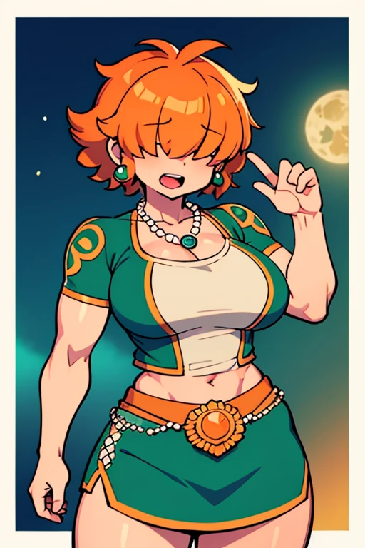  ,High quality,Female ,((,hair covering eyes,fluffy hair,short hair,open mouth)),(muscular,breasts),solo,orange hair,toned,Earrings,Curvy legs,2 arms,pearl necklace,green mariachi clothes,side scenario,night,