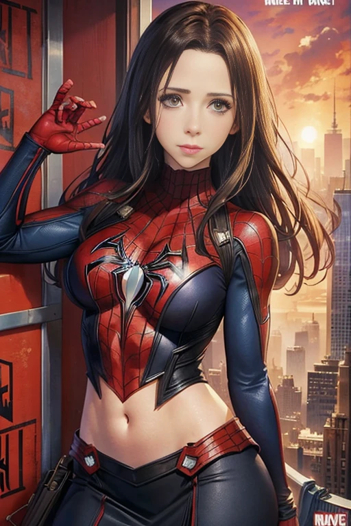 Jennifer Love Hewitt、Marvel Comics Movie Poster, Very beautiful, Movies about Spiderman, sexy, whole body, I'm wearing a skirt、Premiere date, Poster、belly buttonを突き出す、new york、She's wearing a torn Spider-Man suit,The suit is torn、Wearing a skirt、 Red and black color scheme,dynamic、masterpiece、highest quality、Ultra-detailed、Very detailed、A delicate and beautiful shine、超A high resolution、Cinematic,Break,Breakdrop,(Torn clothes:1.5), (Wet clothes:1.4), Bare shoulders,Real Rain,Wet Hair,belly button、Exposing Skin、Showing off her sexy shoulders