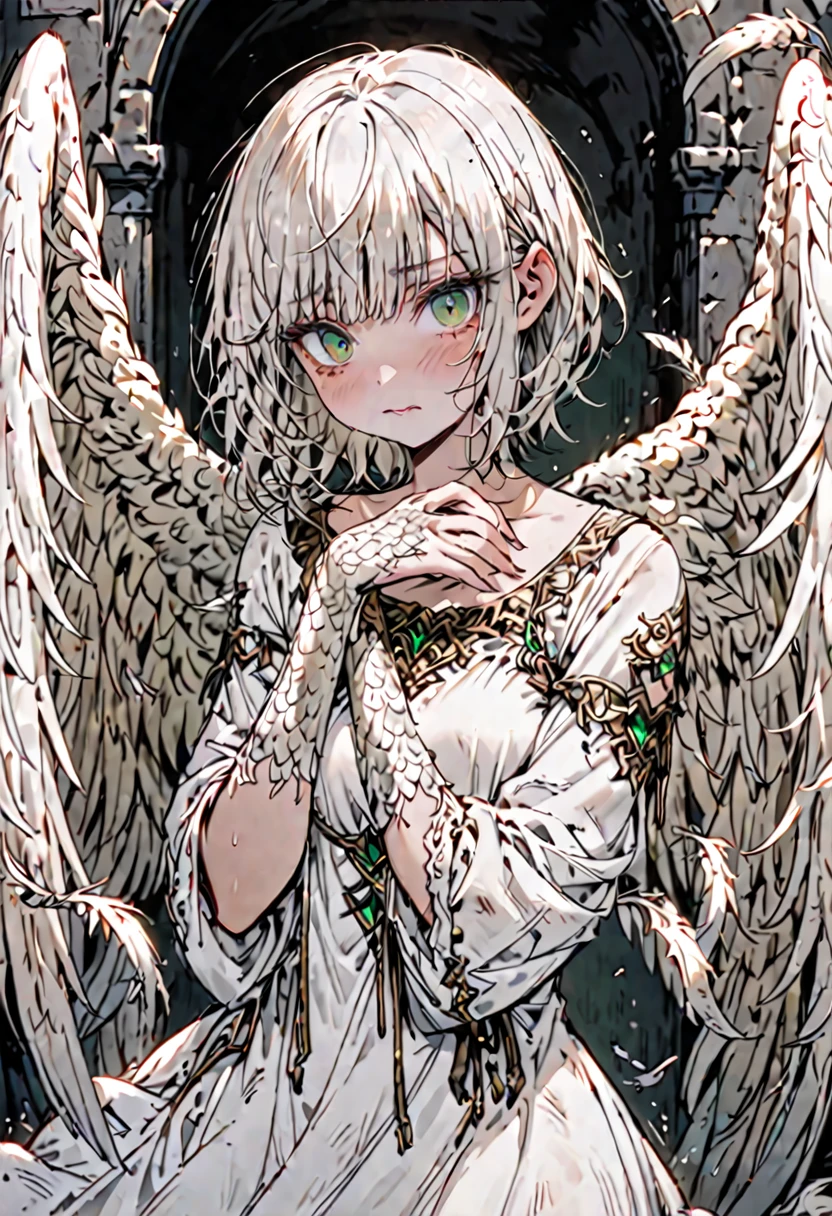 solo, female, sfw, warm, harem, medieval, harpy, large wings, wings, short, shy, dazed, unsure, emerald eyes, thick lashes, disheveled hair, short hair, bob cut hair, worn clothes, white dress, thin, shy pose, medium shot, claws, white scales on hands, ruffled feathers, blush, feather on hair