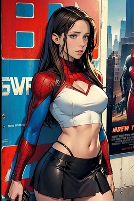 Jennifer Love Hewitt、Marvel Comics Movie Poster, Very beautiful, Movies about Spiderman, sexy, whole body, I'm wearing a skirt、Premiere date, Poster、belly buttonを突き出す、new york、She's wearing a torn Spider-Man suit,The suit is torn、Wearing a skirt、 Red and black color scheme,dynamic、masterpiece、highest quality、Ultra-detailed、Very detailed、A delicate and beautiful shine、超A high resolution、Cinematic,Break,Breakdrop,(Torn clothes:1.5), (Wet clothes:1.4), Bare shoulders,Real Rain,Wet Hair,belly button、Exposing Skin、Showing off her sexy shoulders