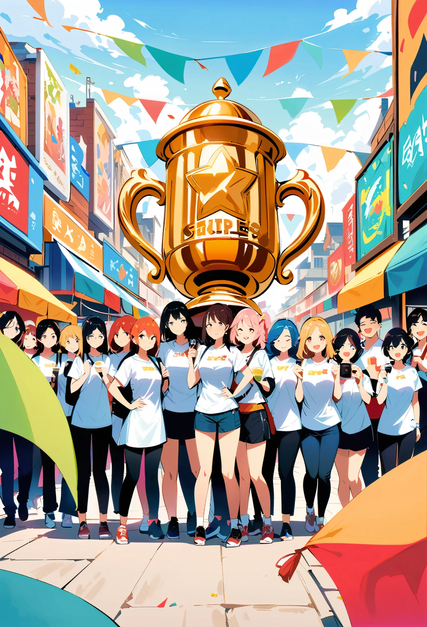 The protagonist and the six girls stand around in front of an oversized trophy, surrounded by cheering crowds and colorful flags on both sides. The town square is decorated with various stalls selling street food, creating a lively atmosphere. They all wear smiling expressions as they pose for photos together. This scene captures their joy at winning that big championship cup. The artwork is done in the style of anime with cartoon realism, high resolution, high detail, and high quality.