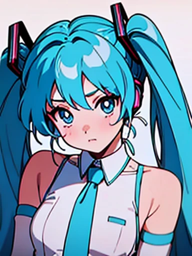 masterpiece, hatsune miku, white shirt, blue necktie, bare shoulders, detached sleeves,
