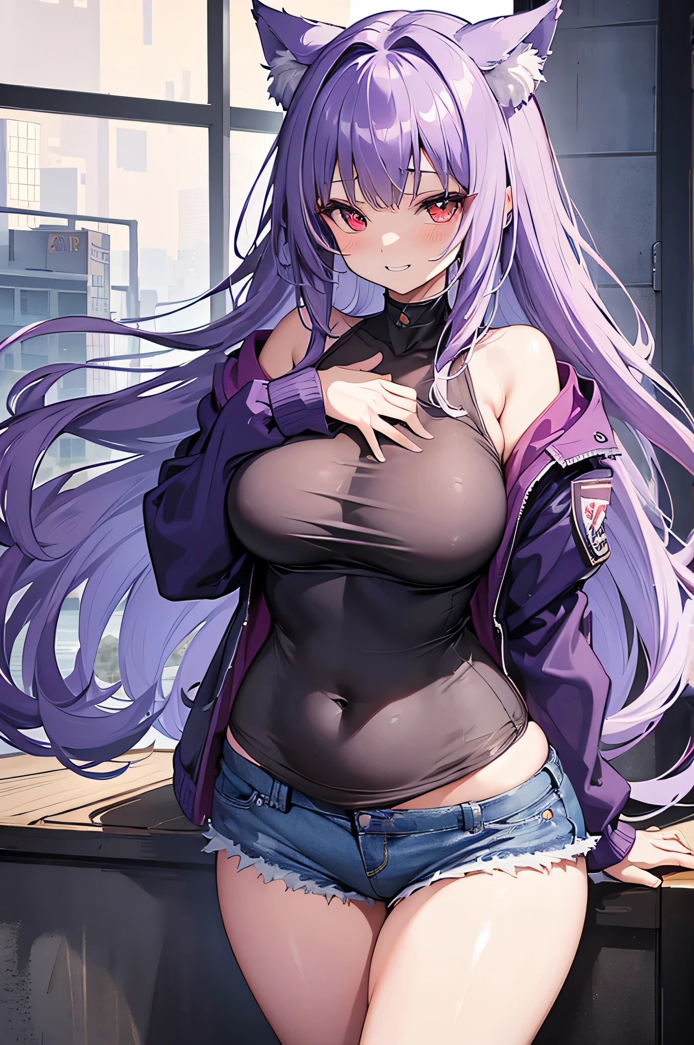 The best masterpiece、Wolf Girl, Large Breasts, Voluminous light purple hair, masterpiece , Red eyes, hd, Thick thighs, Head to Chest, buried in my chest、Double teeth、tooth、Chubby、Grinning、camisole、Big Tits、Denim Jacket、white iris、