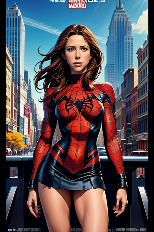 Jennifer Love Hewitt、Marvel Comics Movie Poster, Very beautiful, Movies about Spiderman, sexy, whole body, I'm wearing a skirt、Premiere date, Poster、belly buttonを突き出す、new york、She&#39;s wearing a torn Spider-Man suit,The suit is torn、Wearing a skirt、 Red and black color scheme,dynamic、masterpiece、highest quality、Ultra-detailed、Very detailed、A delicate and beautiful shine、超A high resolution、Cinematic,Break,Breakdrop,(Torn clothes:1.5), (Wet clothes:1.4), Bare shoulders,Real Rain,Wet Hair,belly button、Exposing Skin、Showing off her sexy shoulders
