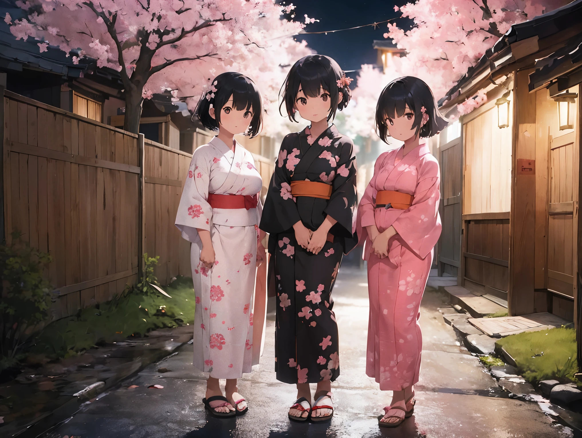 Girl with black hair shortcut、Big Breasts、Cherry blossom yukata、Pink Yukata、Sandals for bare feet、Night view、Standing posture、Sisters separated by years、A kindergartener&#39;s younger sister holds hands with her tall older sister who is a working adult.、校庭とNight viewと星空