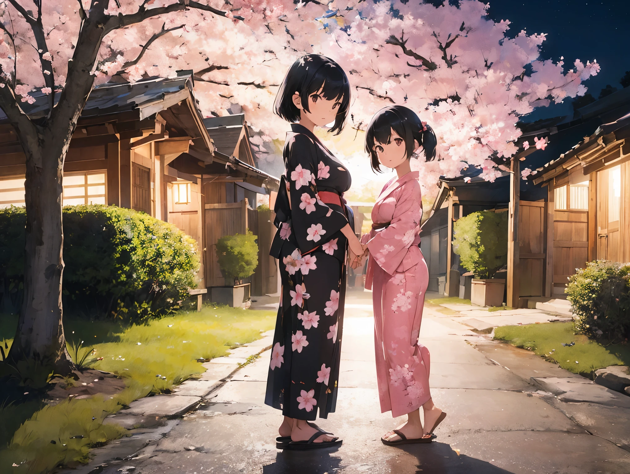 Girl with black hair shortcut、Big Breasts、Cherry blossom yukata、Pink Yukata、Sandals for bare feet、Night view、Standing posture、Sisters separated by years、A kindergartener&#39;s younger sister holds hands with her tall older sister who is a working adult.、校庭とNight viewと星空