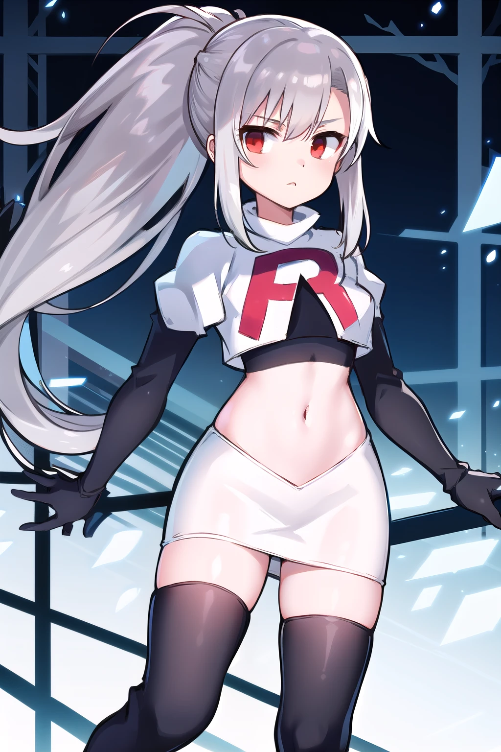 1girl, tina, best quality, long ponytail, silver hair, red eyes, highly detailed, team rocket,team rocket uniform,white skirt,red letter R,crop top,black thigh-highs,black elbow gloves