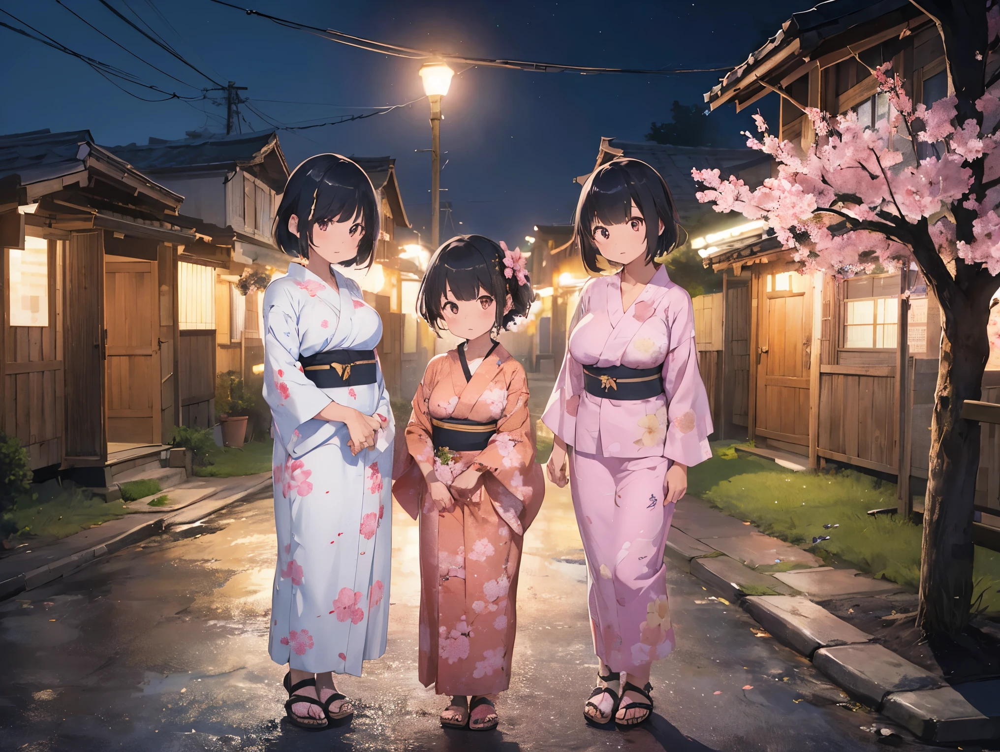 Girl with black hair shortcut、Big Breasts、Cherry blossom yukata、Pink Yukata、Sandals for bare feet、Night view、Standing posture、Sisters separated by years、A kindergartener&#39;s younger sister holds hands with her tall older sister who is a working adult.、校庭とNight viewと星空