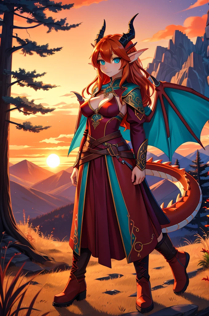 anime style art, fantasy style art, beautiful Celtic dragon girl, European girl, long wavy bright orange hair, bright teal eyes, realistic and sparkling teal eyes looking at viewer, shapely body, skinny body, healthy body, modest clothes, chaste, medium sized breasts, covered breasts, modesty, built-up neckline, purple and red warrior outfit, red clothes, 2 red dress coattails hanging down her sides, high brown leather boots, long draping red sleeves, 2 large orange dragon wings, orange dragon horns, standing on top of a hill, sunset, mountains and trees in the distance, high quality digital art, 2k, professional illustration