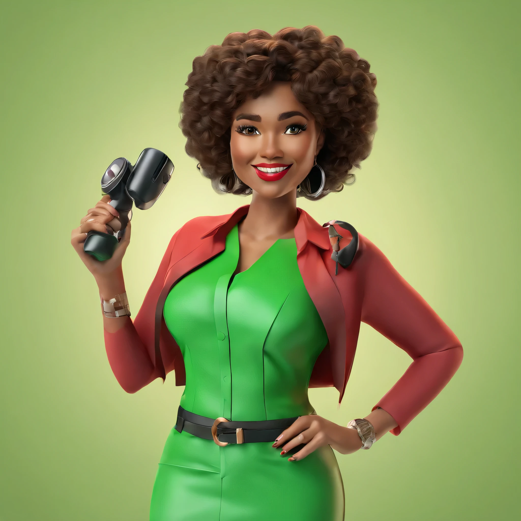A 36-year-old brunette with brown skin and black eyes smiling holding a small machine with her left hand and her right hand holding a card with her curly hair with red lipstick and makeup and shoulders wearing a green blouse
better quality