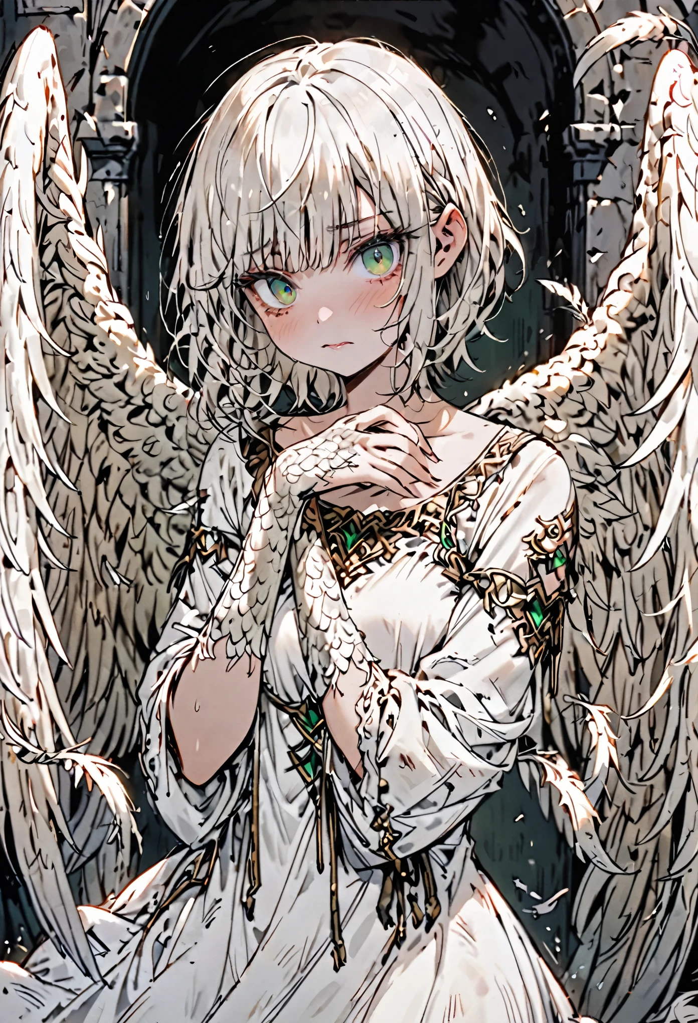solo, female, sfw, warm, harem, medieval, harpy, large wings, wings, short, shy, dazed, unsure, emerald eyes, thick lashes, disheveled hair, short hair, bob cut hair, worn clothes, white dress, thin, shy pose, medium shot, claws, white scales on hands, ruffled feathers, blush, feather on hair