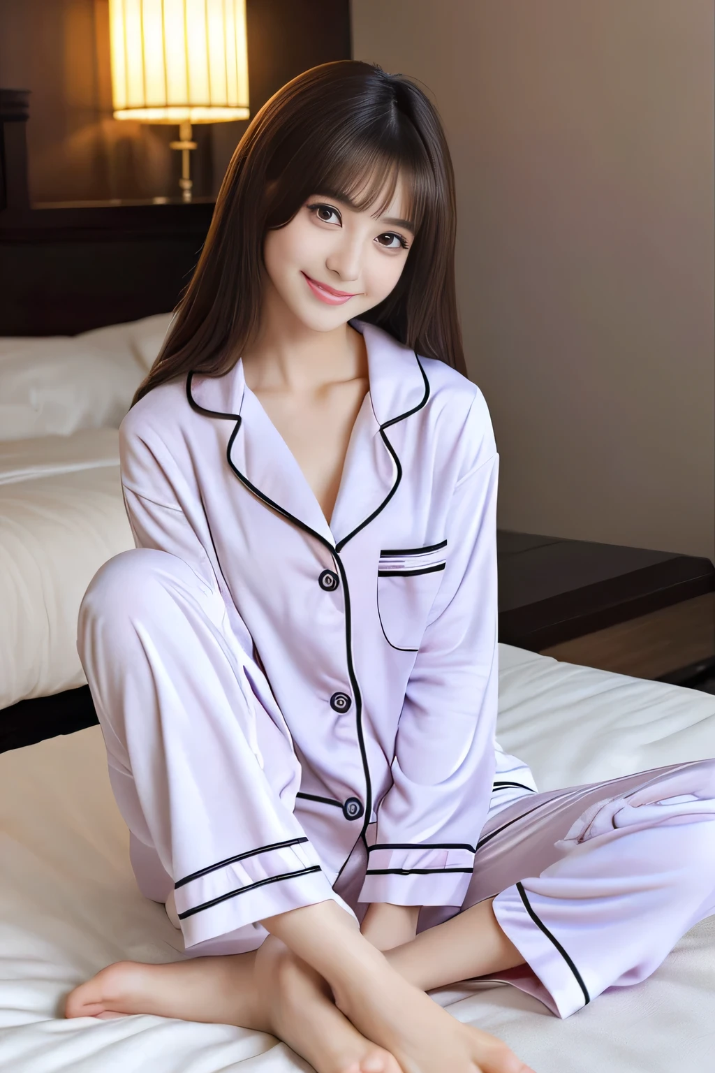 (masterpiece,Captivate:1.5,The biggest attraction for girls,High resolution,high quality)、Beautiful and realistic Japan people、((pajamas))、 19 years old、double eyelid、Bare Skin、Loving、Sparkling eyes、Beautiful limbs、Perfect Anatomy、Beautiful feet、Beautiful Skin、night、Private room、a little dark room、gravure、
