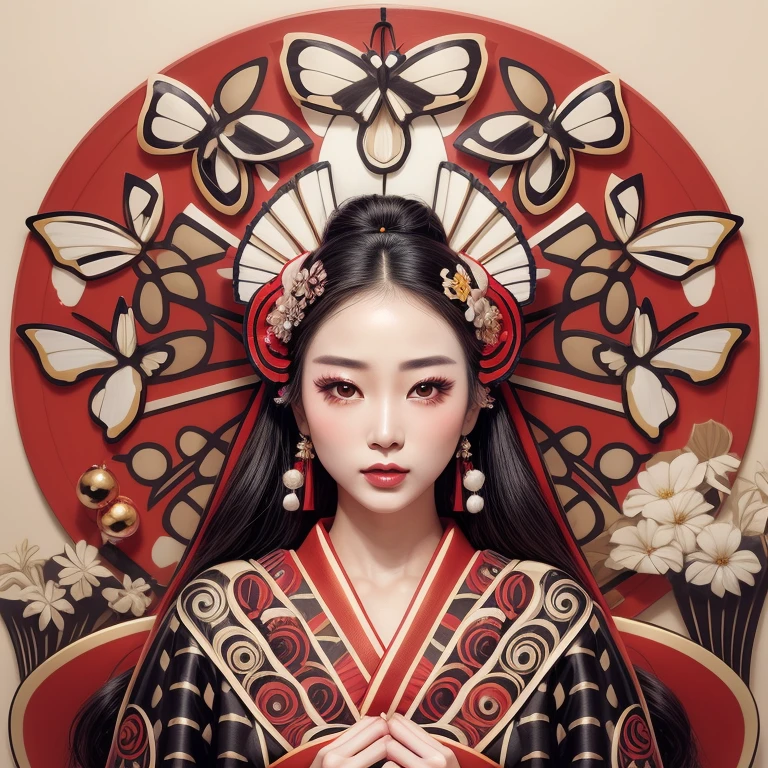 A beautiful geisha with flowing black hair, silky skin, beautiful eyes, beautiful lips, wearing earrings, ornaments in her hair, with two butterfly wings behind her head, wearing a beautiful kimono, with bouquets of flowers on both sides, and in the background , butterflies flying around and under your head, beautiful hyperrealistic geisha, of butterflies, a photorealistic adorned geisha, beautiful spring geisha of intricate details. .