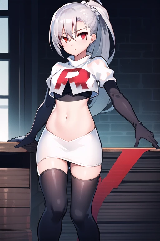 1girl, tina, best quality, long ponytail, silver hair, red eyes, highly detailed, team rocket,team rocket uniform,white skirt,red letter R,crop top,black thigh-highs,black elbow gloves