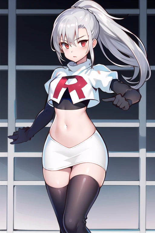 1girl, tina, best quality, long ponytail, silver hair, red eyes, highly detailed, team rocket,team rocket uniform,white skirt,red letter R,crop top,black thigh-highs,black elbow gloves